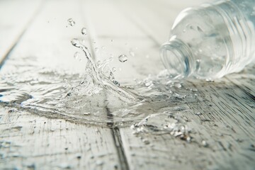 Water Splashing from a Bottle onto a White Wooden Surface