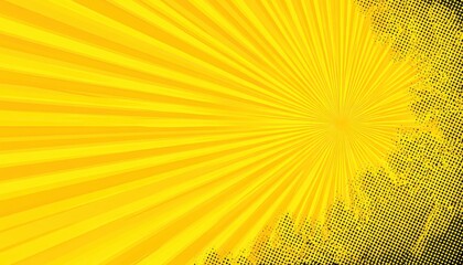 A vibrant yellow background with radiating lines and grunge texture.