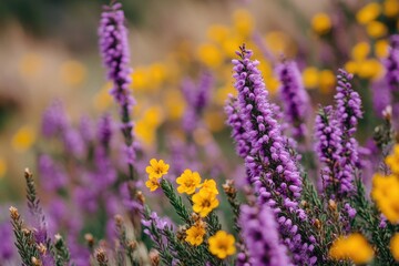 Obraz premium Vibrant purple and yellow wildflowers in a meadow. Close-up view of flowering plants with soft focus background