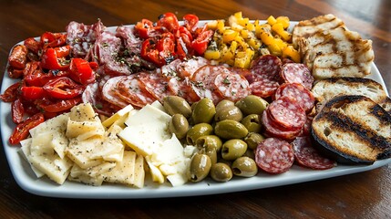 Charcuterie Board with Meats, Cheeses, Olives, and Grilled Bread
