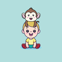 Boy with a monkey on his head in a friendly pose