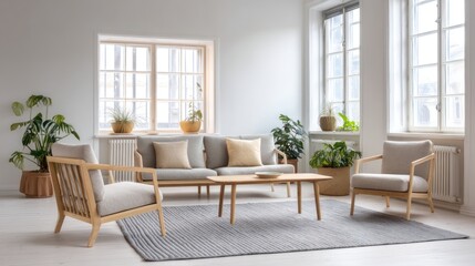 Light-filled, modern living room with light wood furniture and beige accents