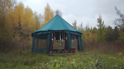 Whimsical Outdoor Tent Retreat Surrounded by Natural Beauty During Autumn Season