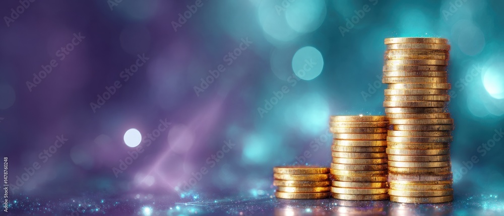 Poster futuristic financial growth visualization ascending gold coin stacks with ethereal digital backdrop 