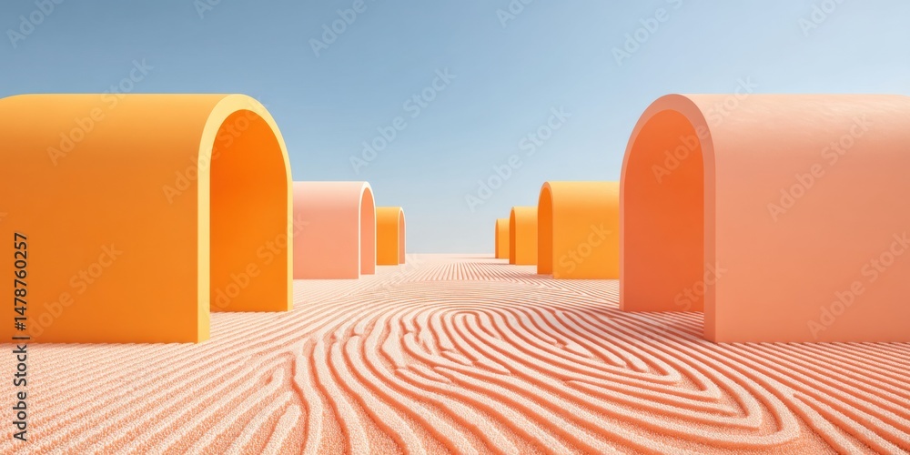 Poster surreal minimalist landscape gradient arch architecture in warm terracotta tones - immersive explori