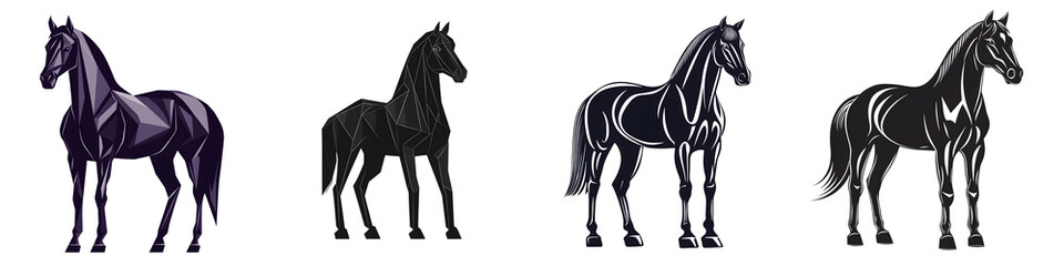 Obraz premium Stunning geometric horse designs in various shades of dark colors, showcasing unique polygonal shapes, perfect for artistic and modern branding purposes.
