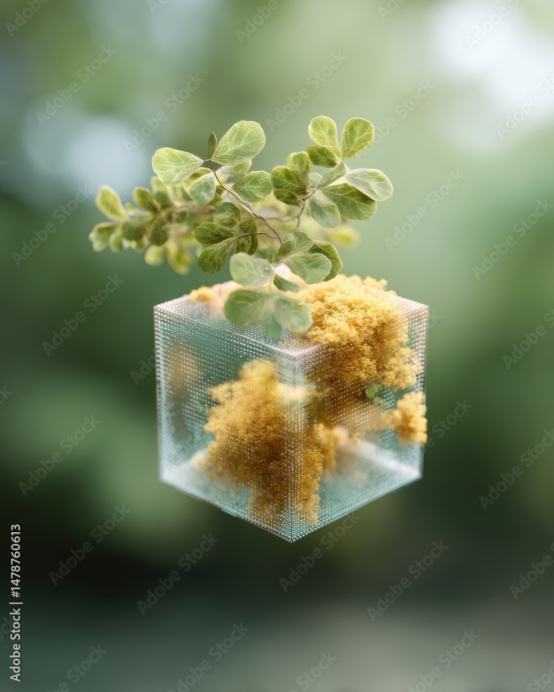 Aufkleber biomimetic eco-fusion transparent geometric cube merging sustainable design with organic growth - in