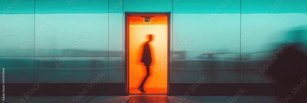 Fototapete Liminal Transition High-Contrast Emergency Exit Design Revealing Motion Dynamics in Architectural Safety Visualization for Modern Urban Workplace Environments