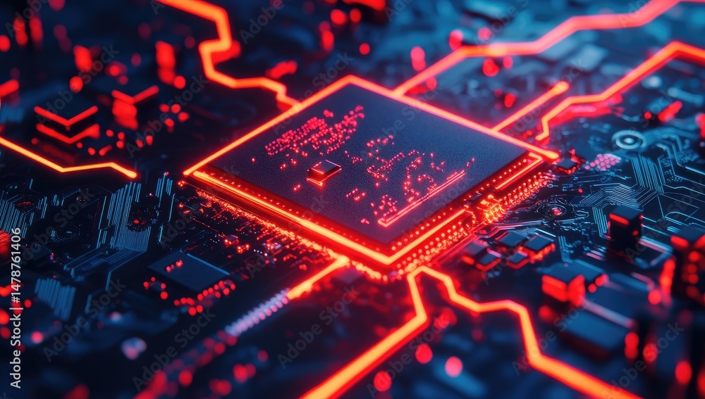 Aufkleber high-tech processor glowing with red light, intricate circuit board