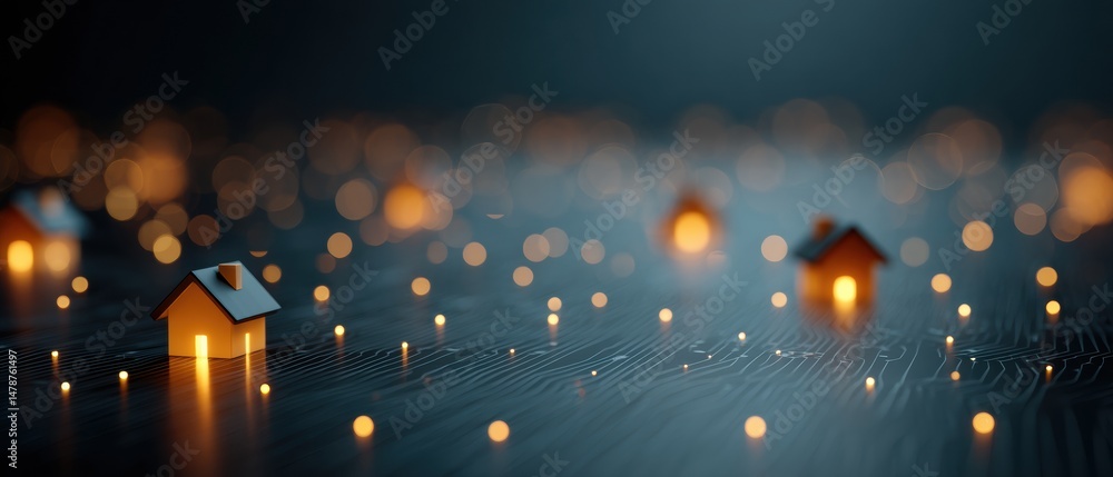 Aufkleber Illuminated IoT Smart Homes Futuristic Network Connectivity Visualization for Urban Digital Infrastructure Design and Smart City Innovation Strategies