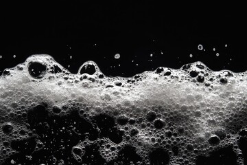 Close-up view of sudsy bubbles on a black background.  A frothy layer of white bubbles crests over a dark surface.  Bubbles vary in size and shape, creating a textured surface