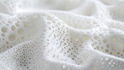 Soft, white fabric with intricate, circular patterns.  Close-up view of flowing, textured material.  Delicate,  perforated design