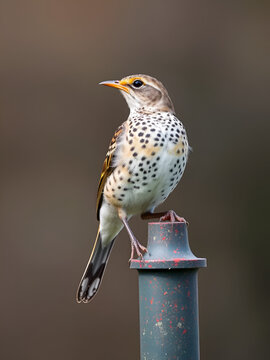 Primer plano de un hermoso zorzal chiguanco (Turdus chiguanco) parado sobre un poste, a la izquierda de la imagen y mirando solemnemente hacia la derecha de la foto, con fondo totalmente desenfocado.