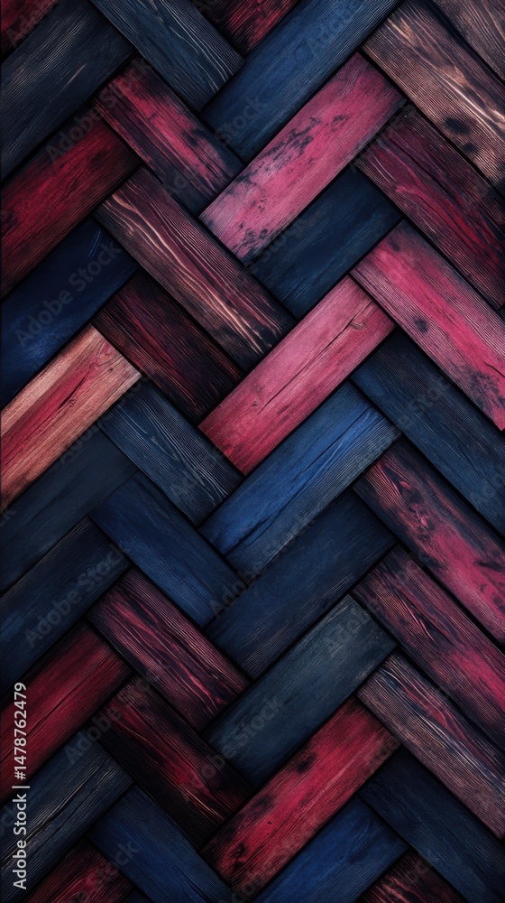 Poster herringbone pattern of red and blue wood planks close up full frame abstract design background textu