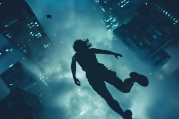 A silhouetted figure appears to fall dramatically through a city, night sky, and mist. Generative AI