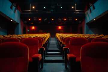 An empty theater auditorium featuring red seats and lighting, waiting for the show to start. Generative AI