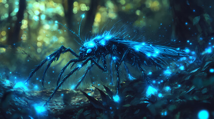 Glowing insect crawling in forest with blue bioluminescence on leaves and trees. [Silicon Wilderness] | Signal Ivy | crawling static. Illustration