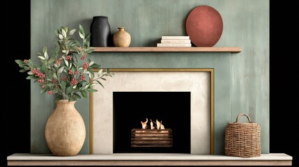 A hearth design combining graceful vintage lines with aged patina and clean aesthetic, fully isolated.