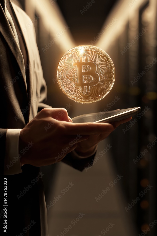 Aufkleber Future of Finance Holographic Bitcoin Visualization with Professional Digital Transformation - Next-Gen Crypto Investment and Enterprise Blockchain Innovation