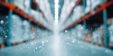 Blockchain Logistics Revolution Futuristic Warehouse Visualization Revealing Smart Inventory Tracking with Immersive Digital Network Connectivity and Supply Chain Optimization