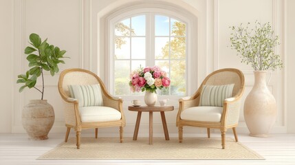A refined vintage interior featuring vintage armchairs, classic wooden tables, and soft textiles, isolated on a white background for a peaceful and elegant feel.