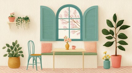 A quiet cafe window moment with rays of spring sun, vintage charm, and cozy ambiance, illustrated in whimsical mixed media on white.