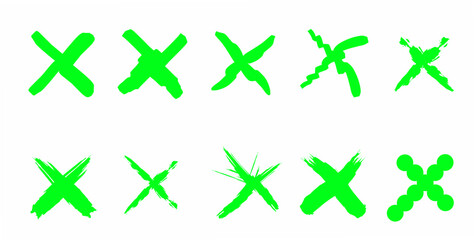 hand drawn green x mark set. Green x cross vector icon set. No delete wrong symbol, green x icon in doodle style © Akmalmm 