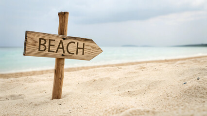 A sign on the beach sand near the sea 