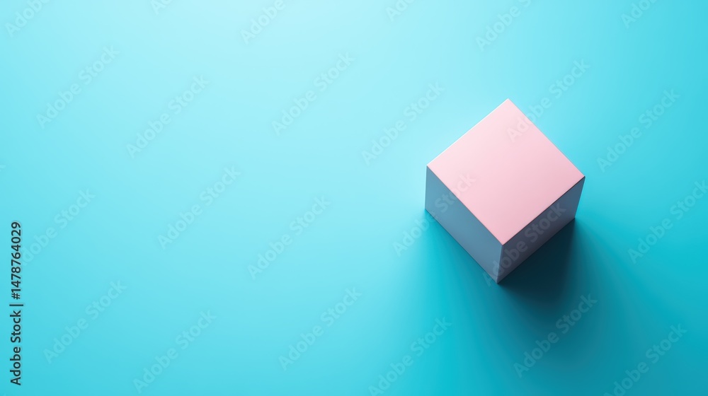 Poster minimalist scene featuring a soft pink cube casting shadows on a teal backdrop