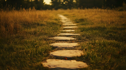 Obraz premium Serene Stone Pathway Through a Golden Meadow, Guiding Toward The Horizon
