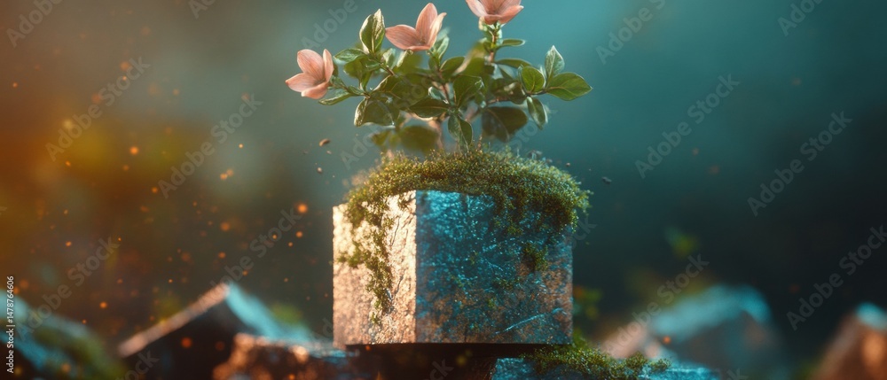 Poster isometric digital ecosystem micro landscape of pixelated cubic terrain with organic flora - innovati