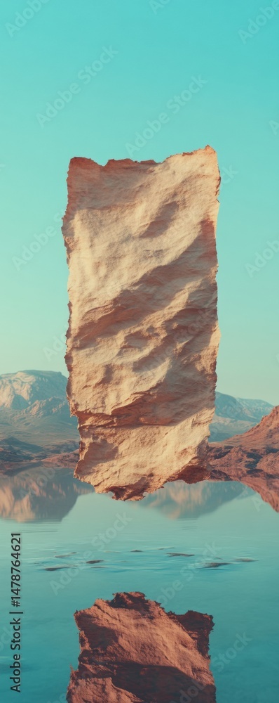 Poster surreal metaverse landscape minimalist rocky monolith in dreamlike aqua terrain - digital art explor