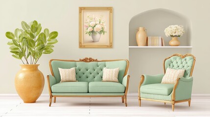 An elegant vintage living room featuring tufted sofas, ornate wood furniture, and soft pastel accents, isolated on white background.