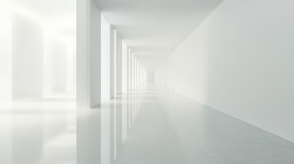 Fototapeta premium Minimalist white corridor with receding perspective and reflective surface