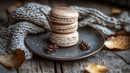 Stacked macarons on plate with autumnal decor