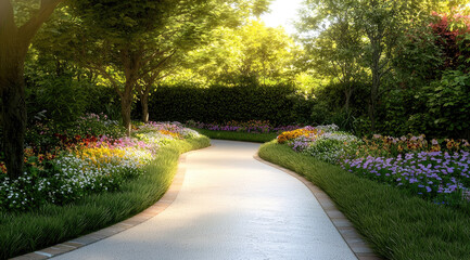Obraz premium Lush green courtyard garden with winding path, vibrant flowers, sunlight, peaceful atmosphere