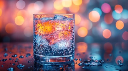 Refreshing ice water splash with vibrant bokeh background.