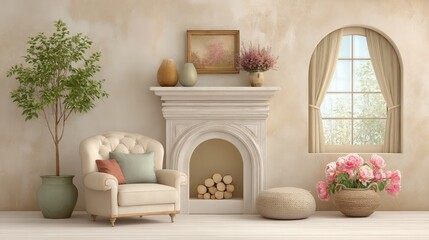 Fototapeta premium Beautiful vintage interior with a traditional fireplace, classic details, and warm ambiance, isolated on white background.
