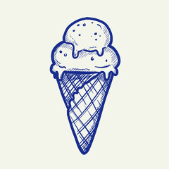 A blue ink sketch of a double scoop ice cream cone with waffle cone on a white background drawing
