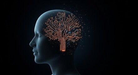 Obraz premium A digital illustration of a human head with circuit board patterns.