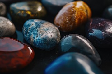 Close-up of polished, colorful stones.  Various shades of  blue, red,  orange, grey and black.  Smooth surfaces reflecting light