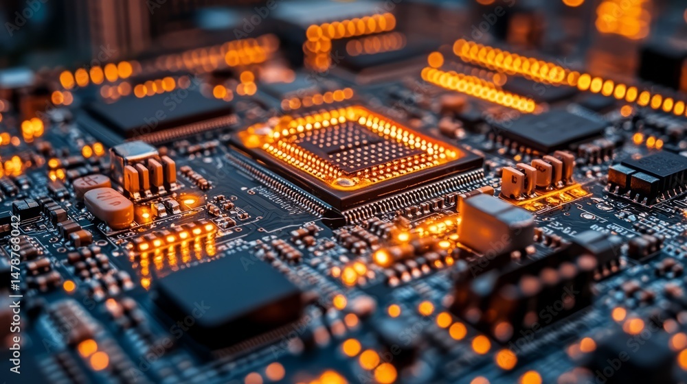 Poster high-tech circuit board close-up: a detailed close-up of a circuit board, showcasing intricate compo