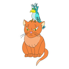 Disgruntled cat with a parrot on his head. Vector illustration