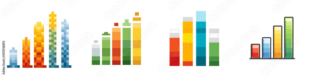Poster colorful pixelated bar graphs showcasing various data metrics in vibrant hues, suitable for infograp