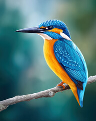 Fototapeta premium Vibrant kingfisher bird with bright blue and orange feathers perched calmly on branch, showcasing detailed plumage and sharp beak