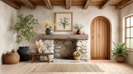 Cozy vintage interior with a stone fireplace, warm wooden floors, and antique furniture, fully isolated on white.