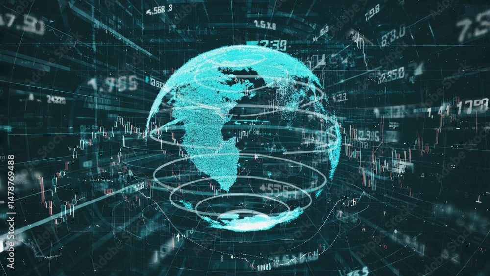 Poster globe with digital data overlay, creating a futuristic, technological atmosphere