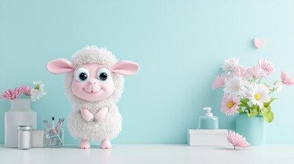 Naklejka premium Cute 3D nurse sheep with a warm smile, in a pastel white-themed hospital room, ideal for spring decor, isolated on a white background