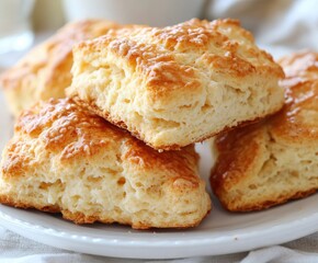 Golden-brown biscuits, stacked on a plate
