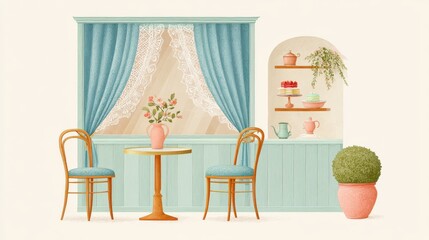 Elegant vintage cafe setting with lace curtains, classic wooden tables, and pastel-colored pastries on display